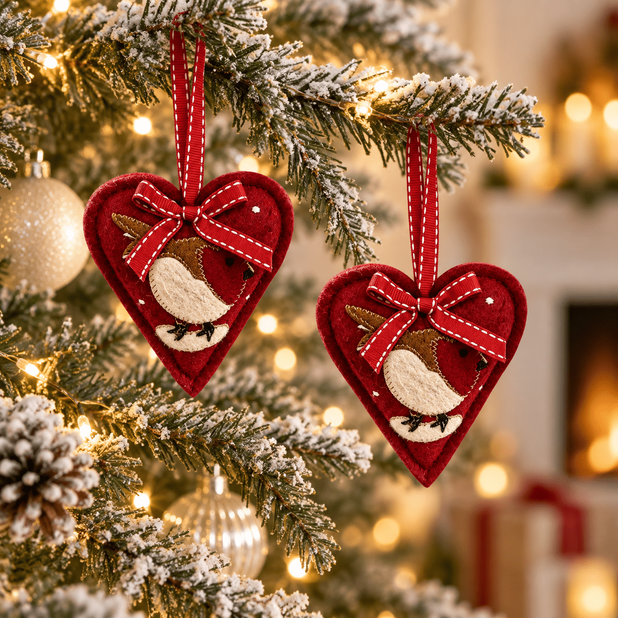 TEMU Felt Heart Robin -- 2pcs Wall Hanging Set; Features Hand-embroidered Heart-shaped Pendants With Bows; Suitable For Hanging On Indoor/outdoor