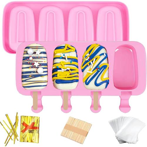 2pcs silicone sicle molds with 50 wooden sticks and 50 bags and 100 twist ties 4 oval cakesicle and ice molds non stick reusable easy demold kitchen molds tool for summer homemade ice dessert and use