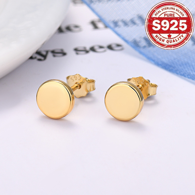 TEMU 925 Sterling Silver 5mm Round Stud Earrings, 18k Golden Plated, Simple Minimalist Fashion, Unisex Jewelry, Accessory For Women And Men, Spring Festival Gift
