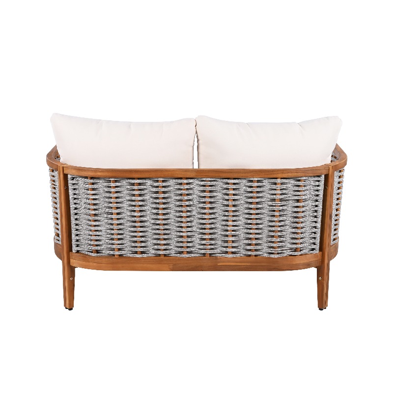 2pcs Acacia Patio Furniture Set, Outdoor Unique Tub Design Loveseat with Woven Rope Table, Deep Seating with Soft Cushions for Porch, Garden, Backyard, Balcony, Teak End And Beige Cushion