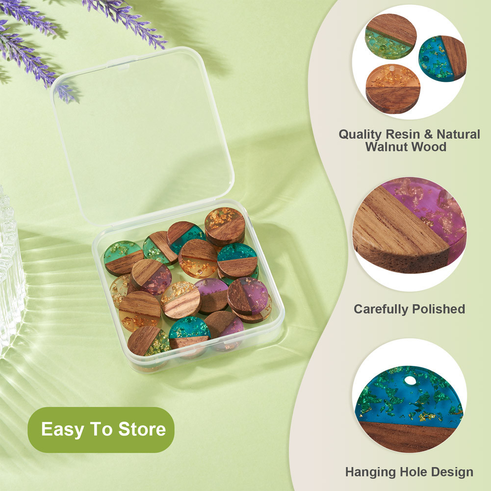 20pcs Mixed Color Resin & Walnut Wood Pendants for DIY Jewelry