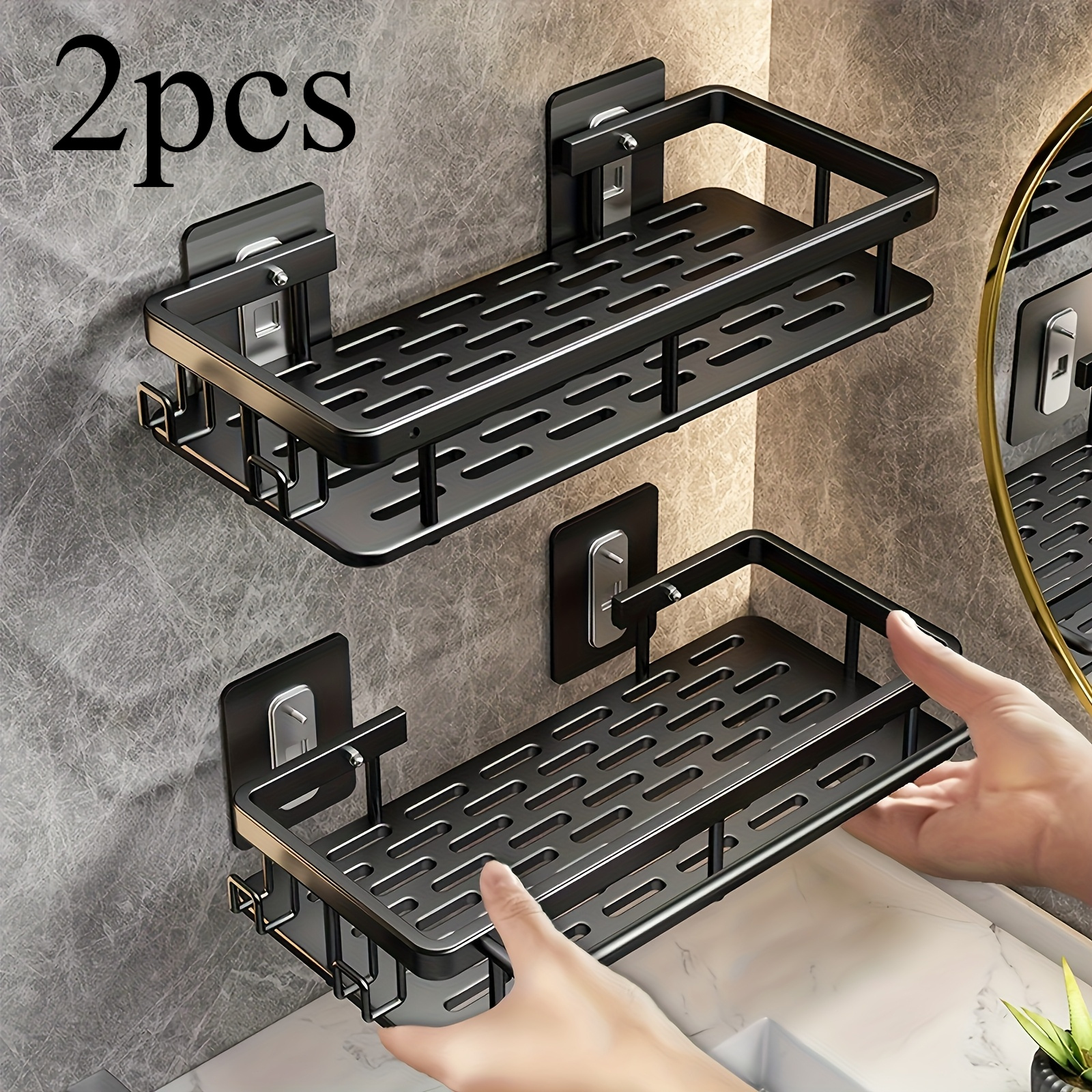 TEMU 2 Pack Punch Free Wall Mounted Storage Racks Easy No Drill Installation Multi Purpose Hooks Included Large Capacity Organizer Sturdy Bearing