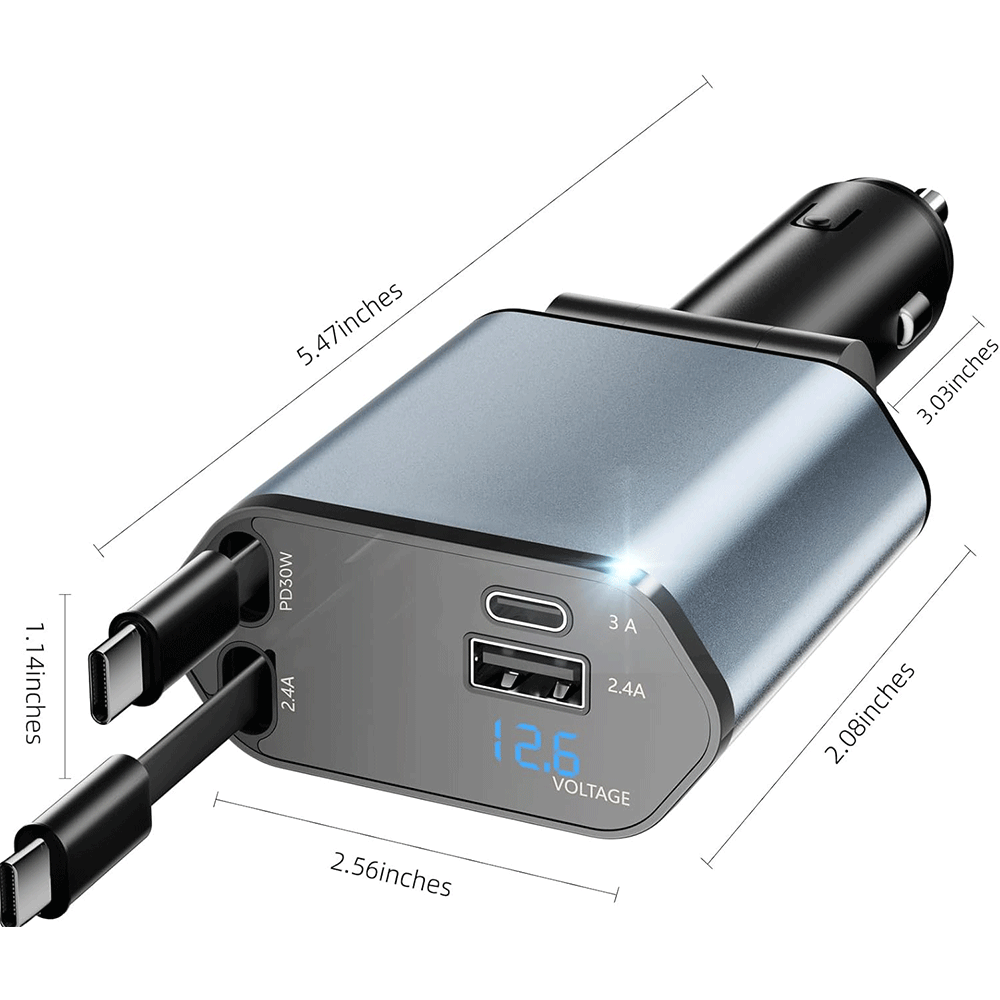 TEMU 12w Car Charger With 2 Retractable Type-c Cables, Usb & Type-c Fast Charging, Led Digital Display, 180Â° Adjustable Angle, Universal 12v/24v Car
