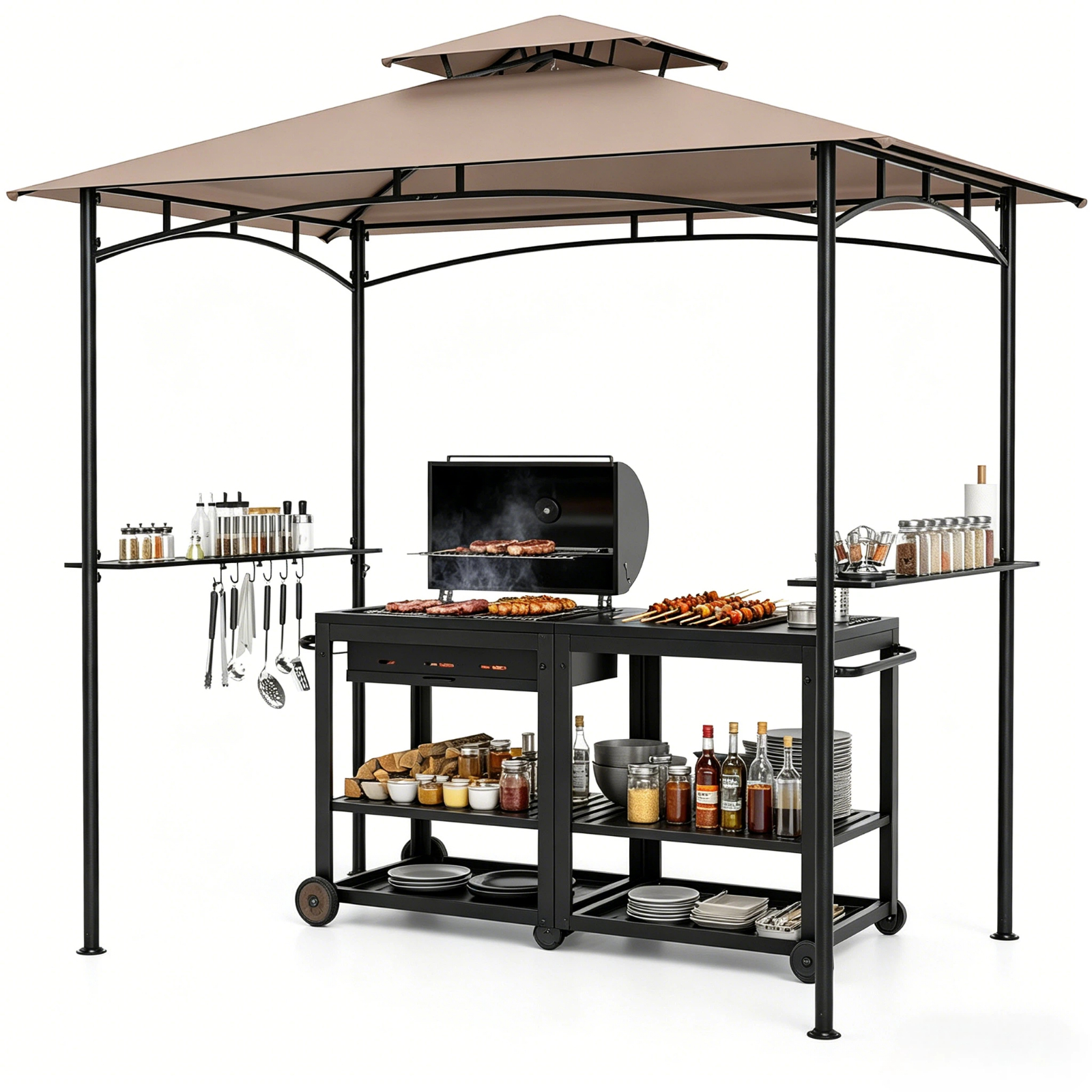 Image of 242 X 150 Grill Gazebo, Outdoor Double-tiered Grill Canopy W/ 2 Shelves, 6 Hooks, Metal Frame, , Barbecue Picnic Patio Canopy Tent, Bbq Gazebo Shelter For Backyard Lawn Deck Poolside, Coffee
