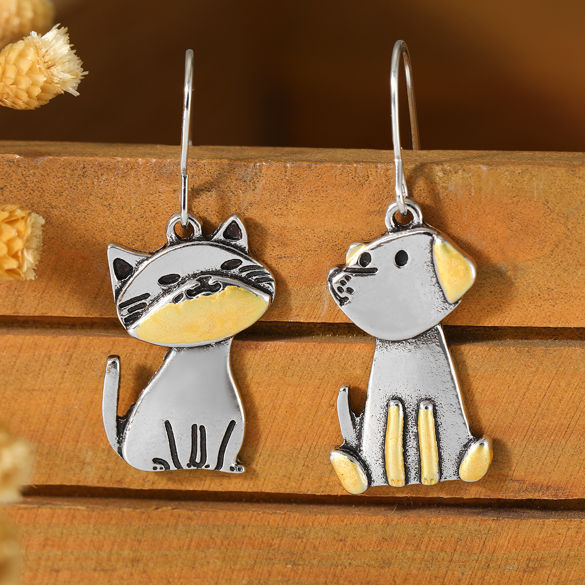 TEMU Boucles d'oreilles pendantes asymétriques pour femme, style vintage, avec animaux amusants chat et chien, adaptées pour les fêtes, les réunions