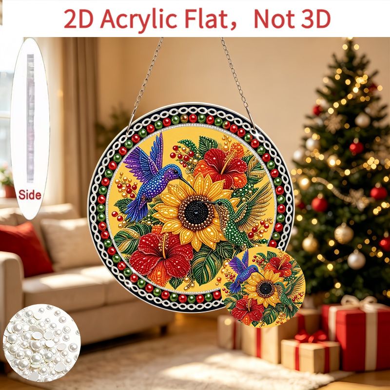 Vivid Floral and Hummingbird Acrylic Pendant, Decorative Ornament