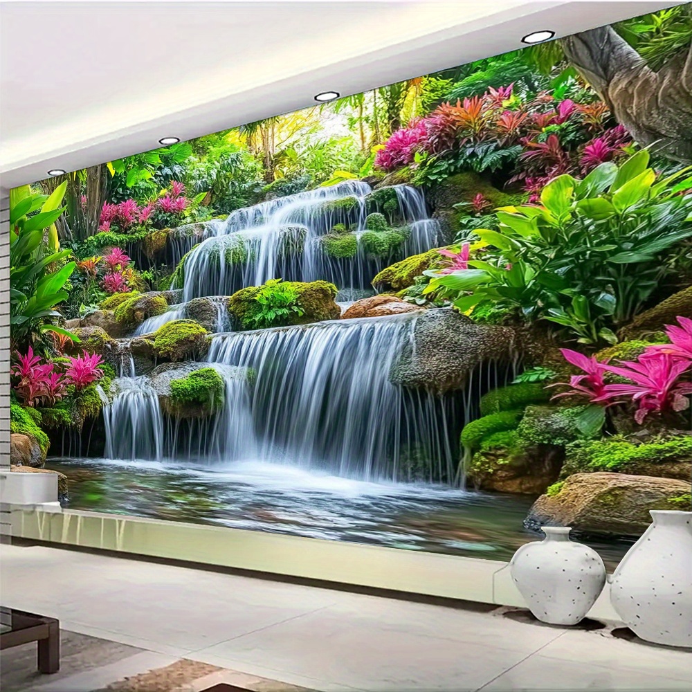waterfall wall mural vibrant tropical foliage & cascading waterfalls design, high quality, no electricity needed for weddings, birthdays, holidays indoor/outdoor home decor, event decoration | natureinspired design | durable