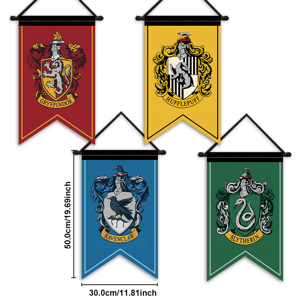 TEMU 2d Flat, 2d Flat - 2d Flat Banners, 4pcs Wb Harry Potter Themed Banners, Polyester, Hogwarts 4 House Banners, With House Background Colors, For