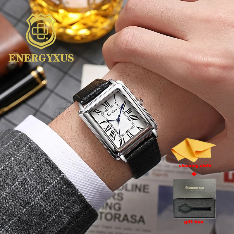TEMU Men Watches Luxury Business Rectangle Dial Watches For Man Pu Band Casual Wristwatch Reloj Hombre With Gift Box