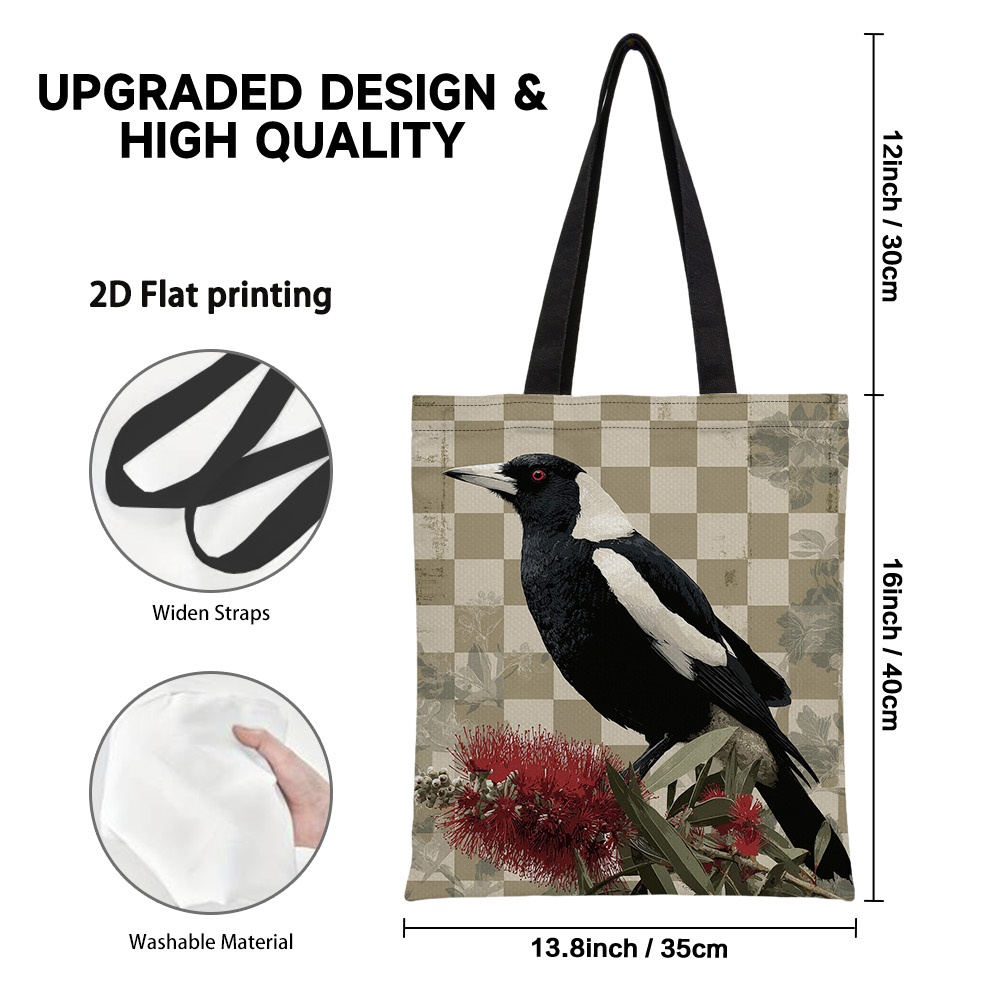 TEMU 1pc 2d Flat Reusable Grocery Bags Polyester Canvas Convertible Backpack With Australian Magpie On Pattern, Multifunction Shoulder Bag For For