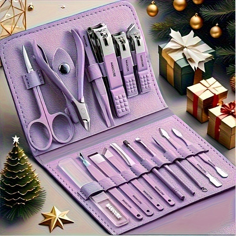 3 colors   16pcs 14cm 11  stainless steel nail care tool set with straight edge nail file ear pick and scissors   professional travel  