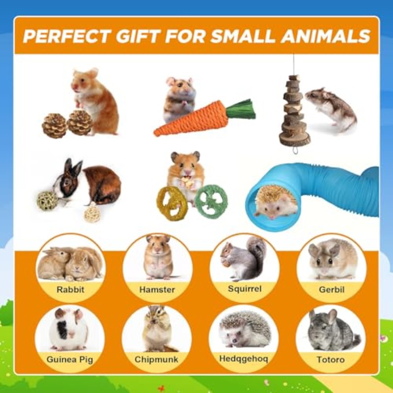 SUSOO 9pcs Set of Toys for Hamsters, Featuring Safe Natural Chew Items And an Expandable Play Tunnel, Designed for The Dental Care of Hedgehogs, Rats, Chinchillas, And Guinea Pigs, Perfect for Foraging in Small Animal Cages