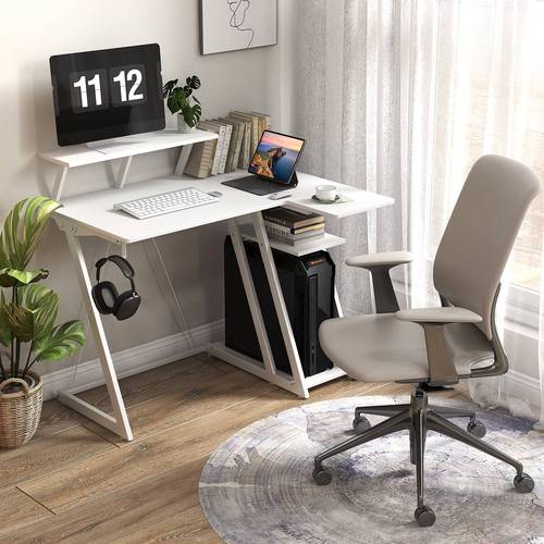 gaming desk with dual level design usb ports and outlets for corner for home office in white