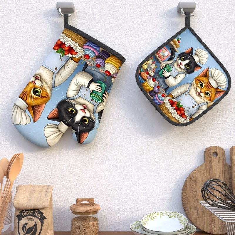 

2pcs Cat Chef Oven Mitts, Heat Resistant Polyester Pot Holders, Machine Washable, Woven Kitchen Decor, Cooking & Baking Accessories, Ideal Housewarming Gift