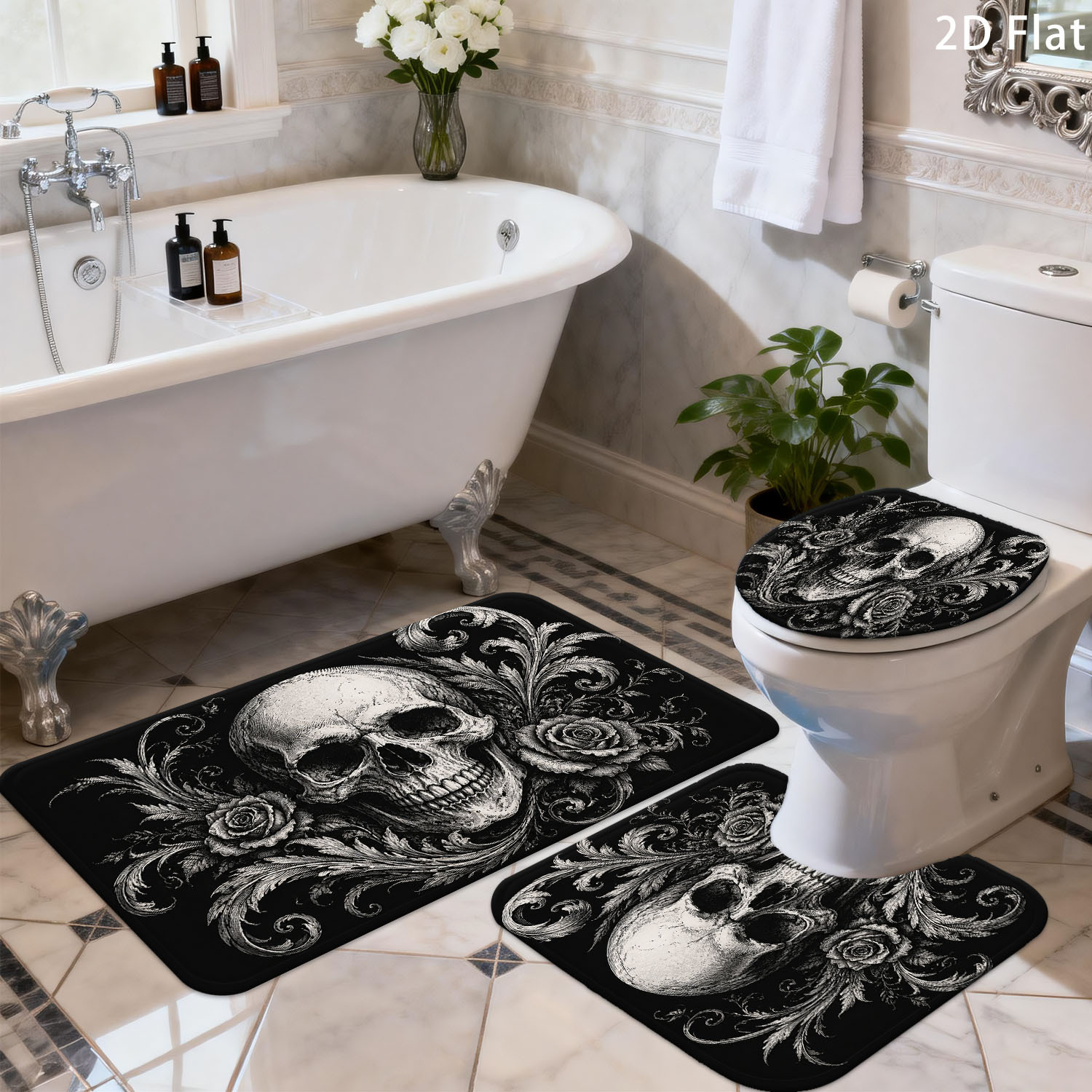 TEMU 2d Flat 1/3pcs Bathroom Anti-slip Mat Set, Halloween Rose, Home Decor Shower Door Entrance Absorbent Mat, Home Soft Thickened Carpet, Toilet