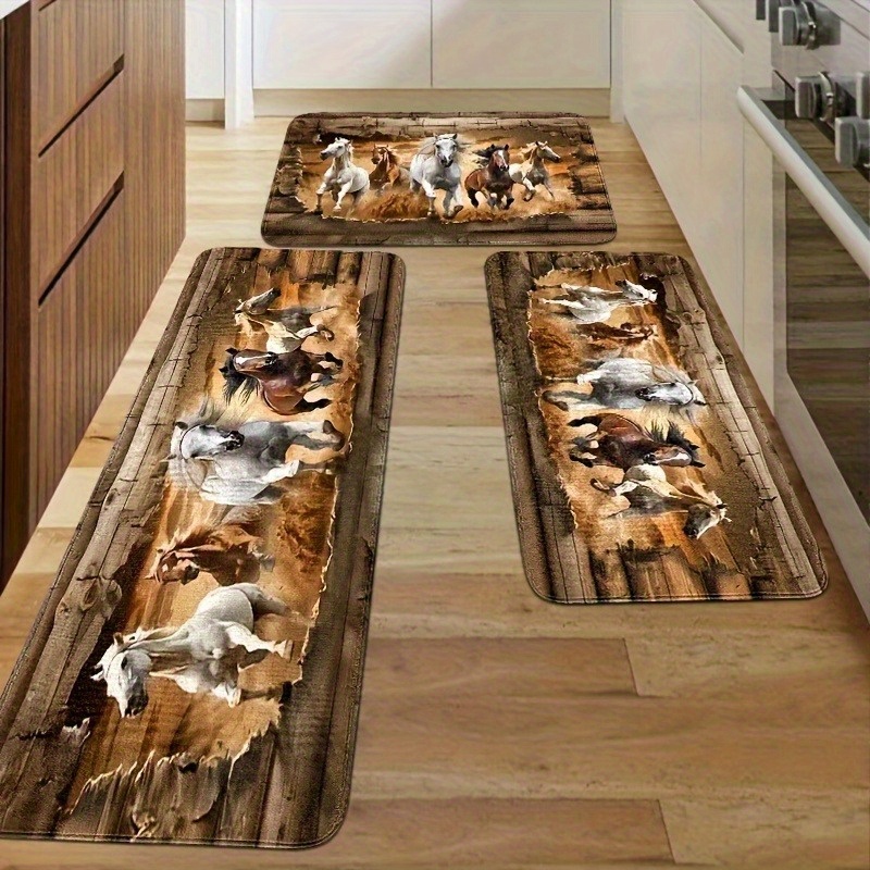 TEMU Set Of 2/3 Kitchen Mats Featuring Horses, A Decorative Carpet In American Western Style, Vintage Kitchen Decor Items, Suitable For Bedrooms,