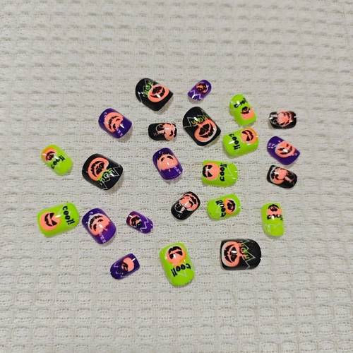 wm-24 unghie a forma di zucca divertente per halloween, verde fluorescente, , viola, , unghie corte e quadrate