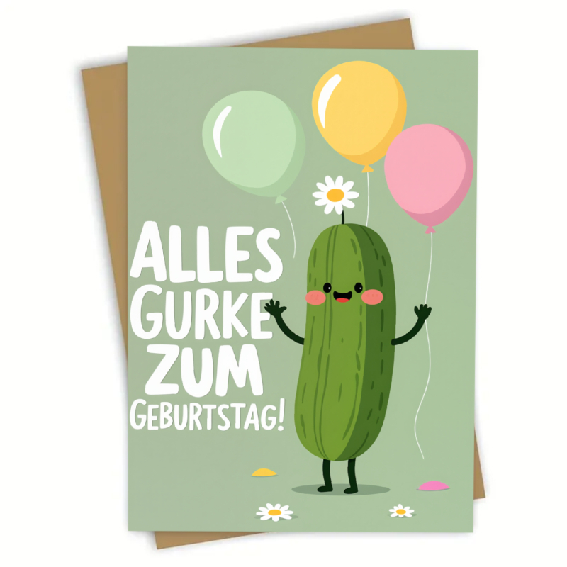 1pc Birthday Card Green Background Cartoon Cucumber Holding Balloon Printed Pattern With German Alles Gurke Zum Geburtstag Suitable For Birthday Celebration Scene