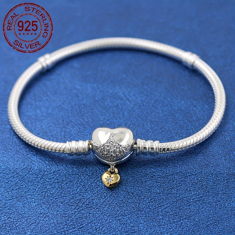 TEMU 925 Sterling Silvery Heart-shaped Snake Chain Bracelet, Suitable For Matching Bead Pendants, Women's Fashionable Bracelet, Perfect Gift