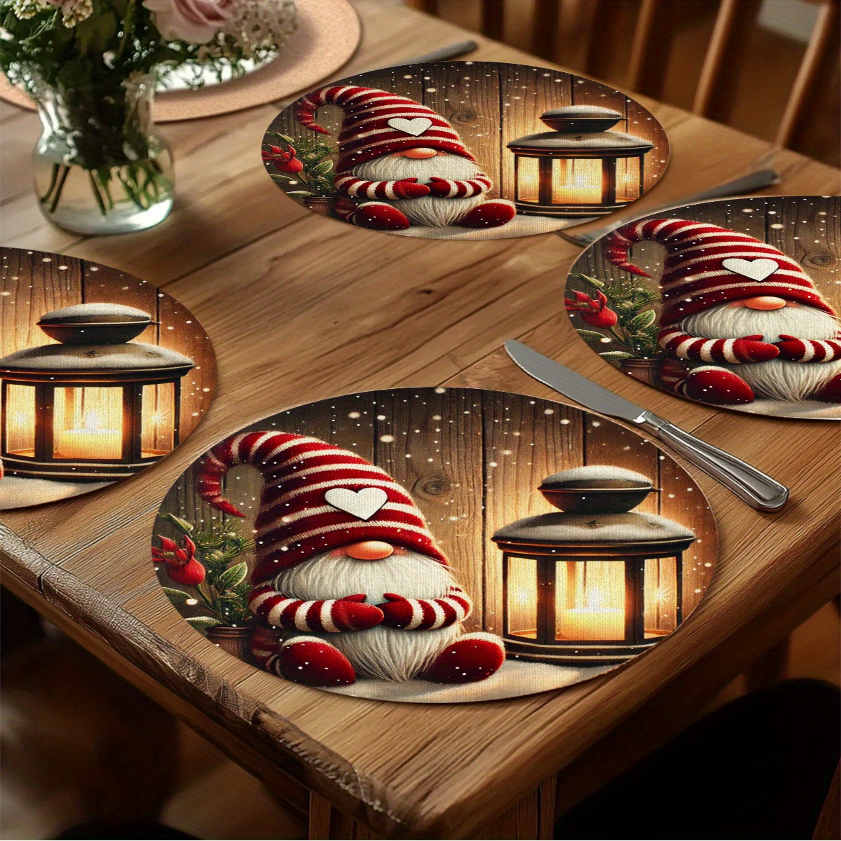 Image of Collection Of 4 Round Placemats Featuring Christmas Gnomes, Made From Polyester With A Snowflake And , Ideal For Holiday Dining And Kitchen Decoration - Machine Washable