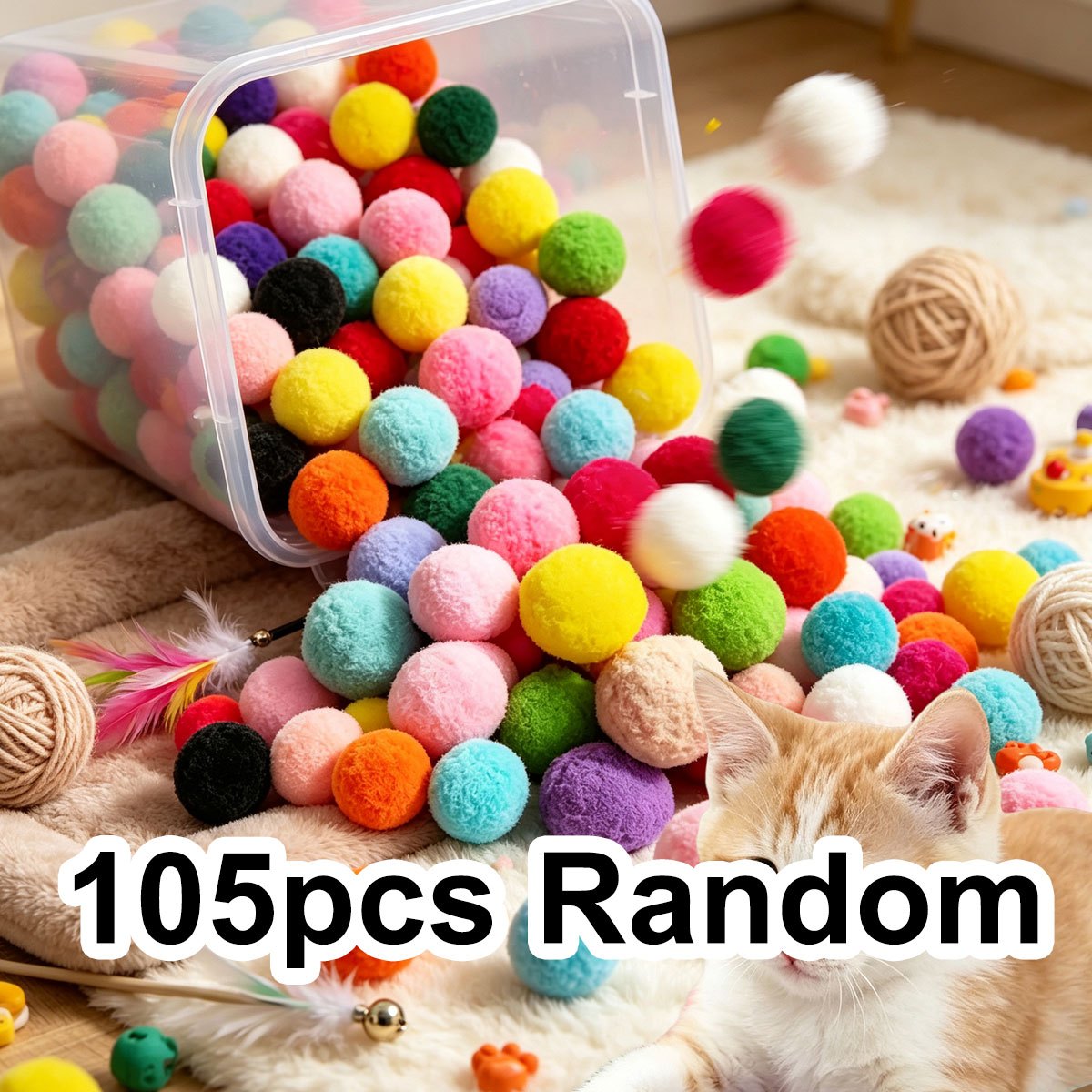 TEMU 105pcs 3cm Random Colorful Plush Cat Teaser Toy Balls â Chew Durable, Pet Training Balls For , Interactive Chew Toys For Small Pets, Bulk Pet