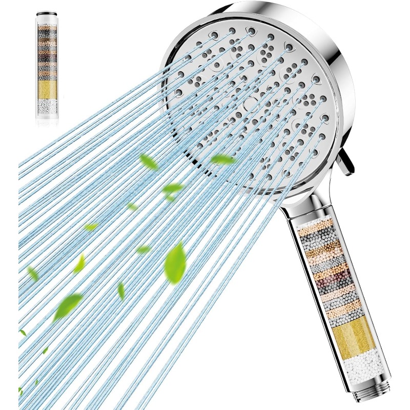 Ceiling/Mountable Hard Water Filter Shower Head with 6 Spray Modes