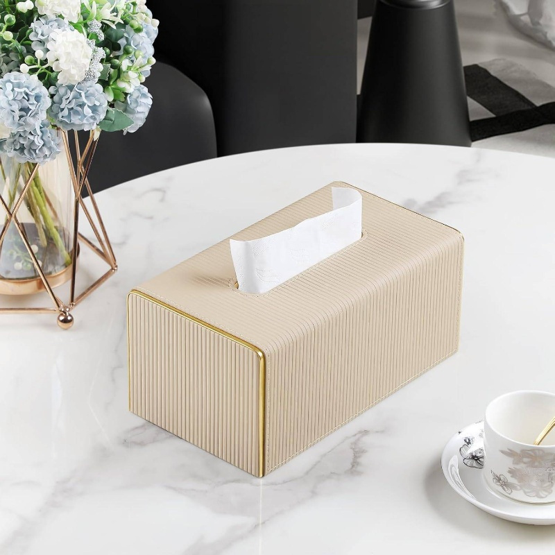 modern rectangular pu leather tissue box cover with magnetic closure &   - beige decorative bathroom/kitchen/entryway tissue holder, durable rectangular design with rounded corners, fits standard tissues, easy-  (1203-ply1602), tissue box holder Product details 4
