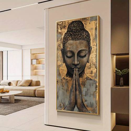1pc Frameless Modern Abstract Meditating Buddha Canvas Wall Art - 70.0x140.0 cm Serene Spiritual Artistic Rendering Print for Living Room & Bedroom Decor, Minimalist Home Decor, Buddha Home Decor, Meditation Room, Contemporary Decor, Neutral Tone Artwork, 2D Flat
