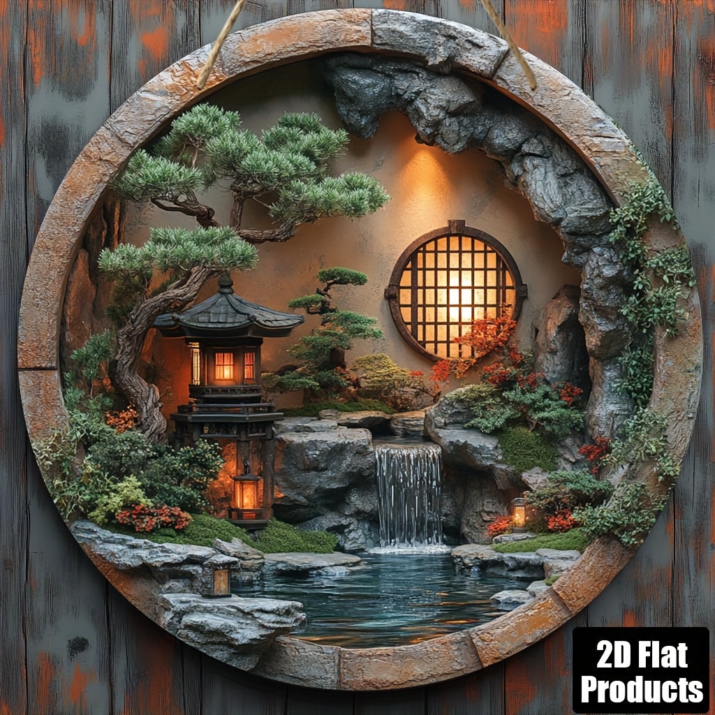 TEMU 2d Flat - 2d Plane, 1pc Round Wooden Decorative Sign, Retro Japanese Garden Pond Theme, Suitable For Bars, Kitchens, Cafes, Home Decor, Living