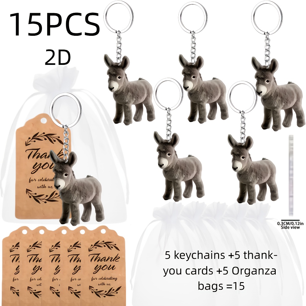 TEMU Plat 2D, Lot de porte-clés plats 2D, Lot de 15 pièces, Cadeau unisexe, Lot de porte-clés plats 2D mignons d'âne, Lot de porte-clés d'âne pour