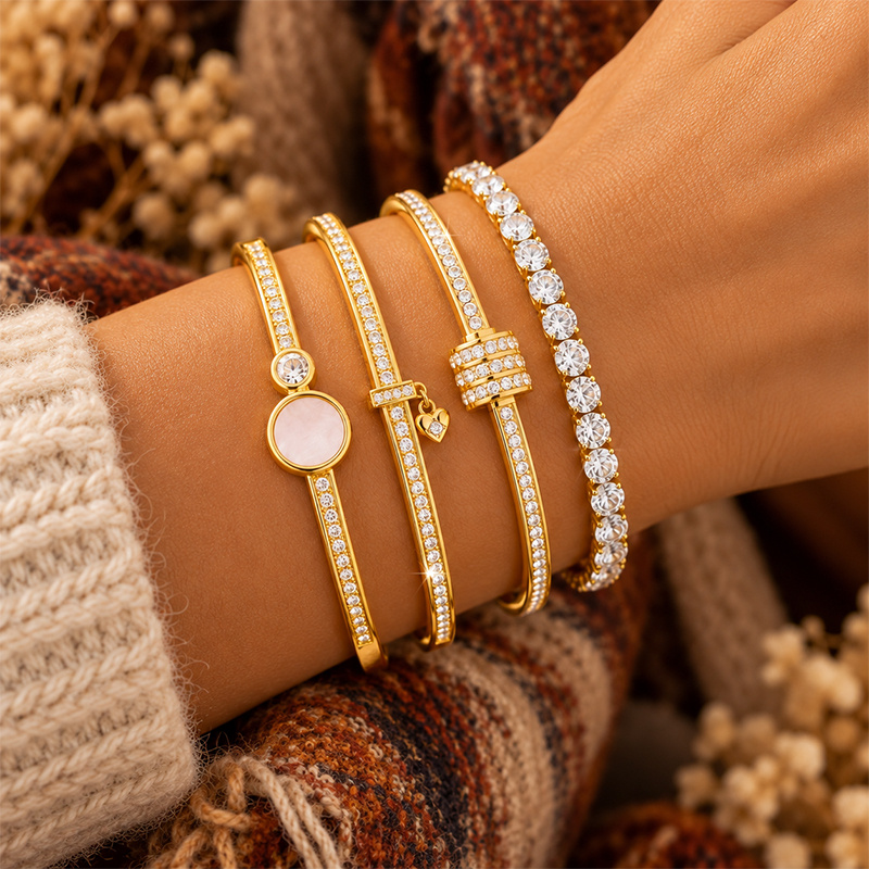 4pc Gentle Shell Stack Jewelry, Golden Hinged Bangles