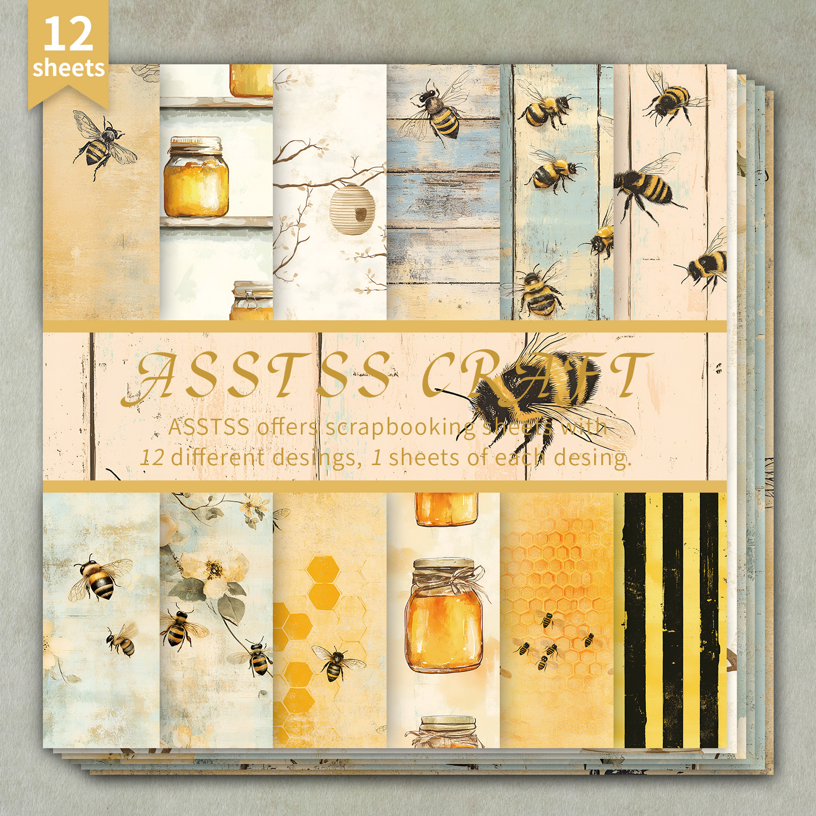 TEMU 12-sheet Asstss 6*6-inch Scrapbooking Paper Pad | Retro Bee Honey-themed Pastoral Backing Paper Supplies, Heavyweight Cardstock For Journaling,