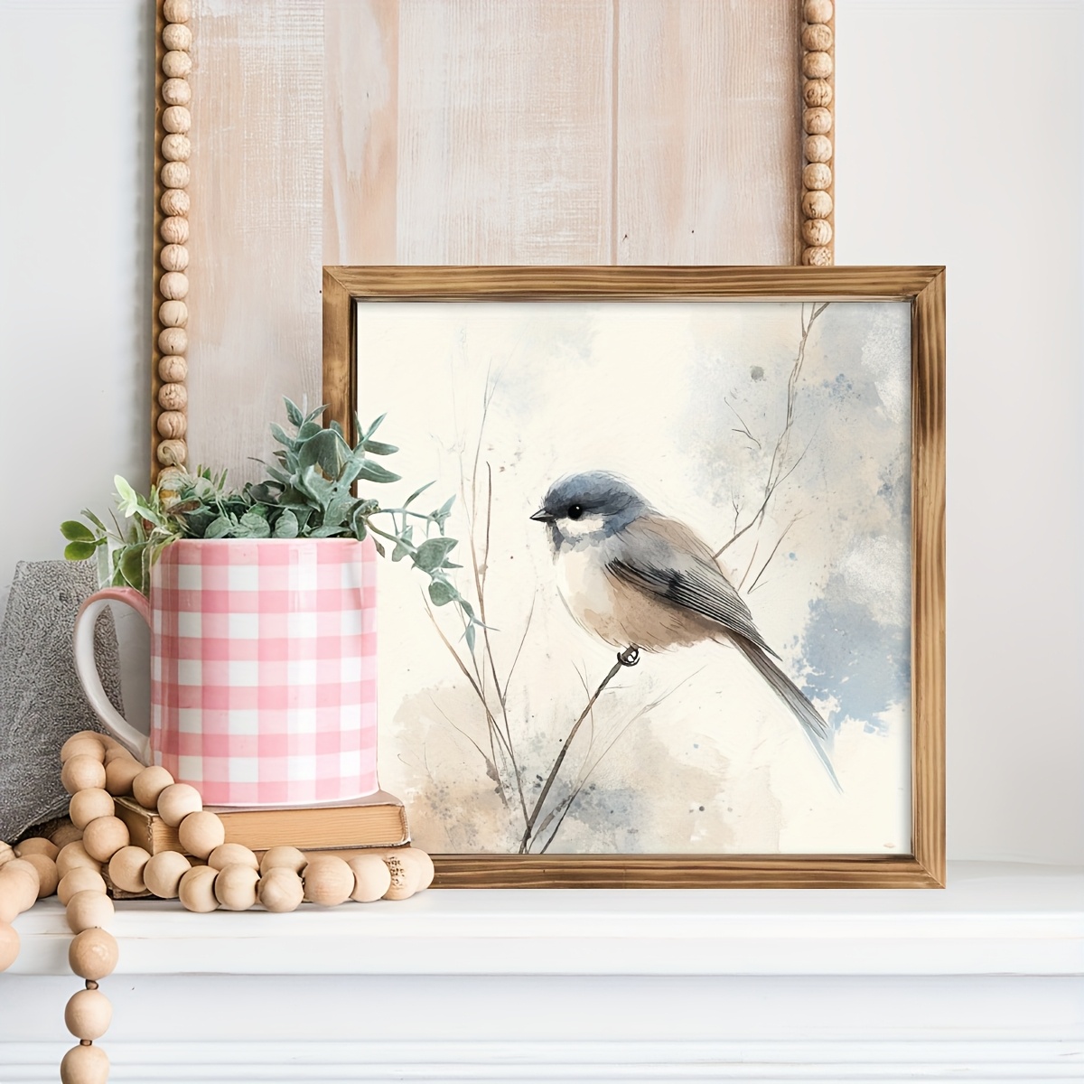 TEMU Plat 2D, Impression sur Bois Plat 2D, 1 pièce, Cadre Photo Mural en Bois Style Rustique Branche d'Arbre Aquarelle avec Oiseau, Convient pour