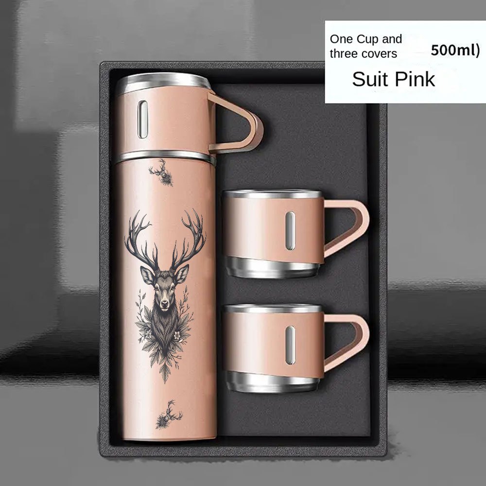 Image of 1 Set/3pcs 16.9oz Insulated Gift Set, 304 Stainless Steel Vacuum With 2 Mugs, Portable Travel Water Bottle With Deer Pattern For Drinks, Leak-proof Tumbler For Office, Hiking, Camping, Outdoors