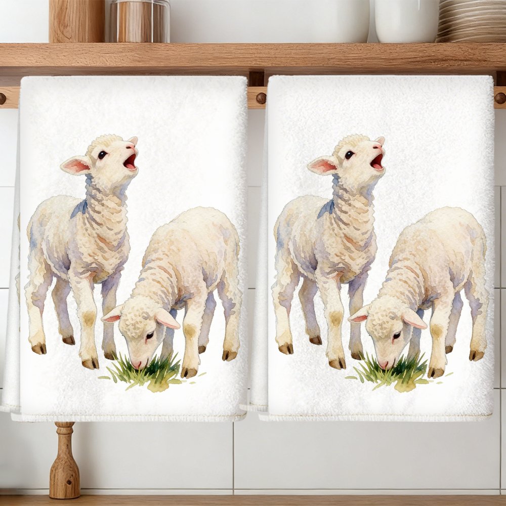 TEMU 2 Pack Suitable For Farmhouse Towels With Watercolor Lambs Design - Soft Absorbent Microfiber Dishcloths & Tea Towels, Decorative Suitable For