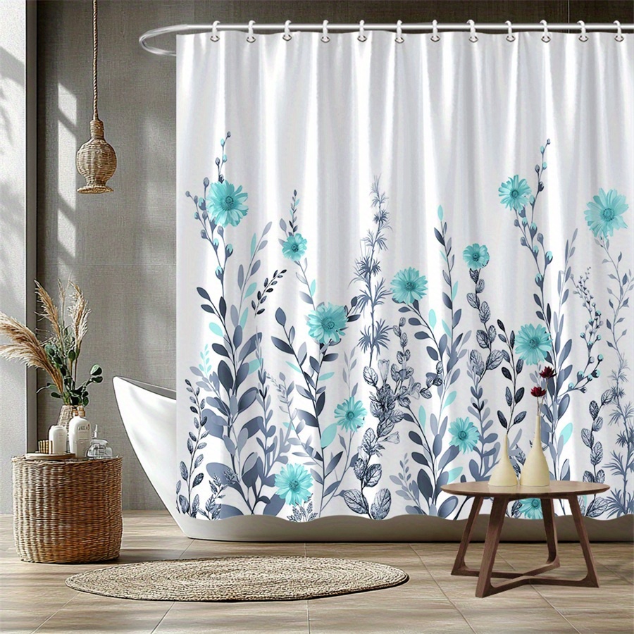 TEMU 1pc Teal & White Floral Shower Curtain With Gray Silvery Leaf Accents - Minimalist Watercolor Botanical Illustration, Soft White Background,