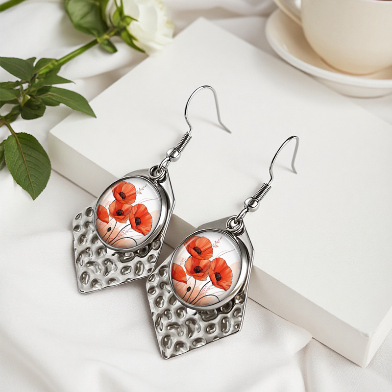 Deep Red Carnations Oval Glass Cabochon Earrings, Handmade