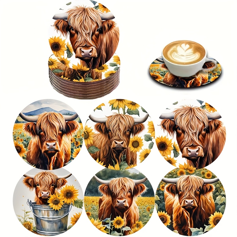 TEMU 6pcs Wood Highland Cow Coasters Suitable For Car Cup Holders, Non-slip Drink Mats With Scottish Cow, Hand Washable Table Protectors For Home
