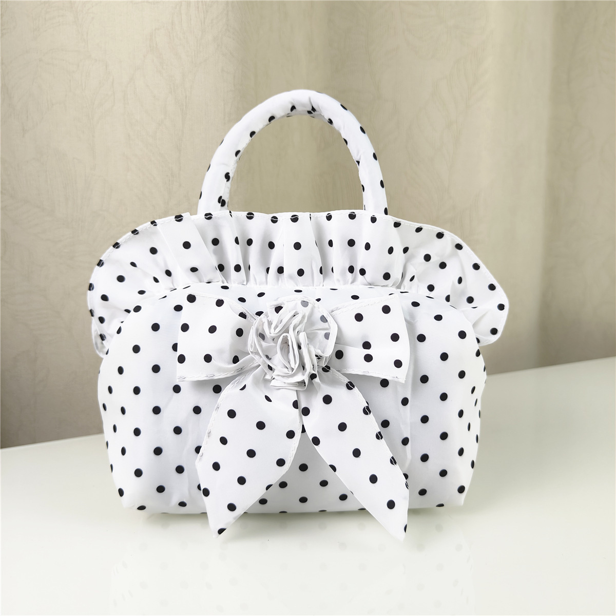 TEMU Unique Black And White Polka Dot Bow Women's Handbag - Lightweight, Fade Resistant, Zippered Closure, Polyester Lining - Daily Commuting And Vacation