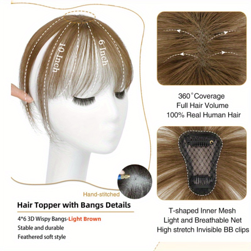 1pc human hair t shaped wig block cover with french bangs straight hair hair topper for women men real human hair easy to tidy match styles elegant     hair wig versatile hairstyle enhancer   cap details 9