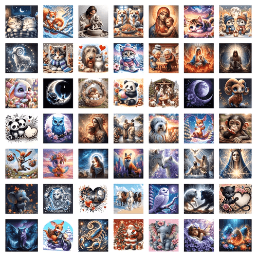100pcs random 2d diy diamond painting set featuring round diamond embroidery on landscape and animal themes frameless art canvas including round diamonds diy decor vibrant flowers figures and