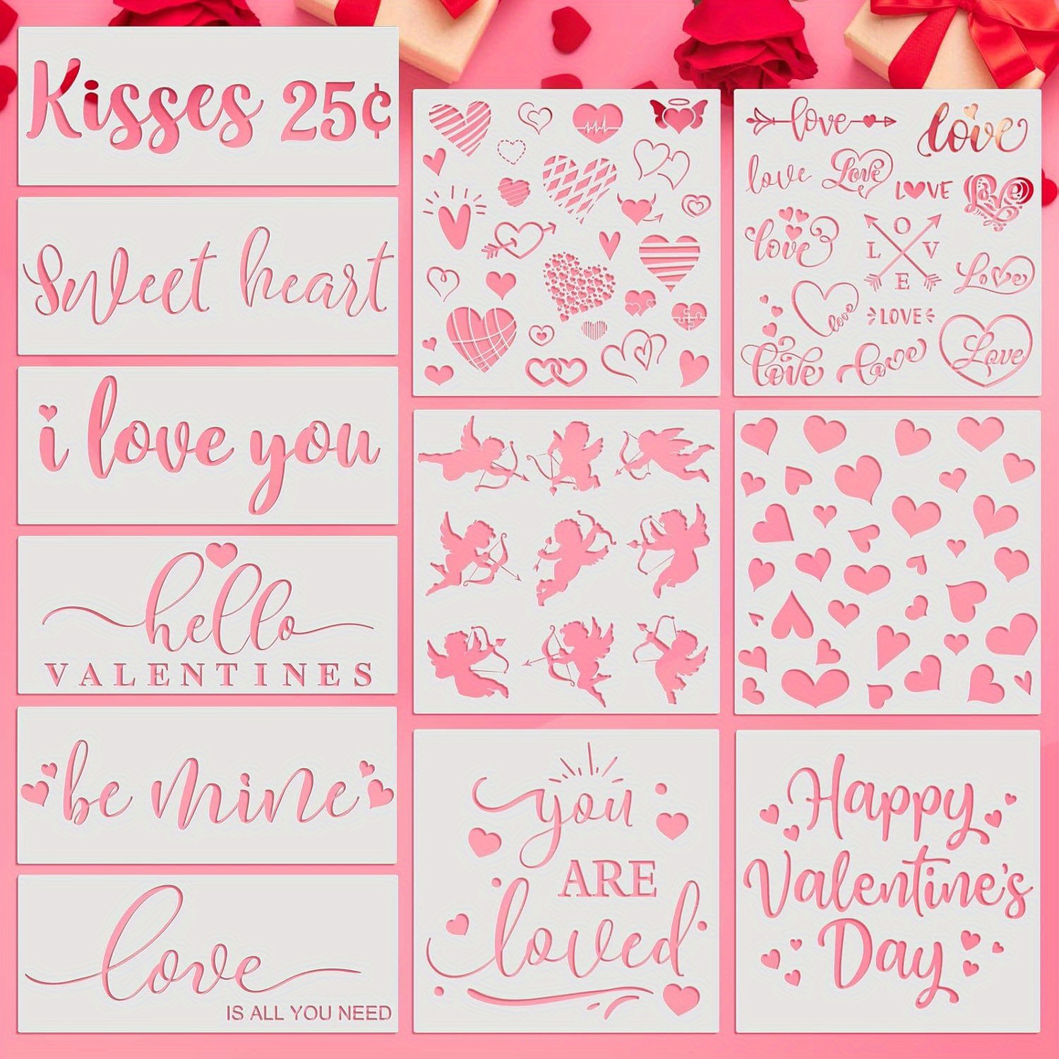 

12pcs Valentine's Day Stencil Set - Reusable Love Heart Designs For Diy Crafts, Wedding Anniversaries, Scrapbooking & More - Pet Material