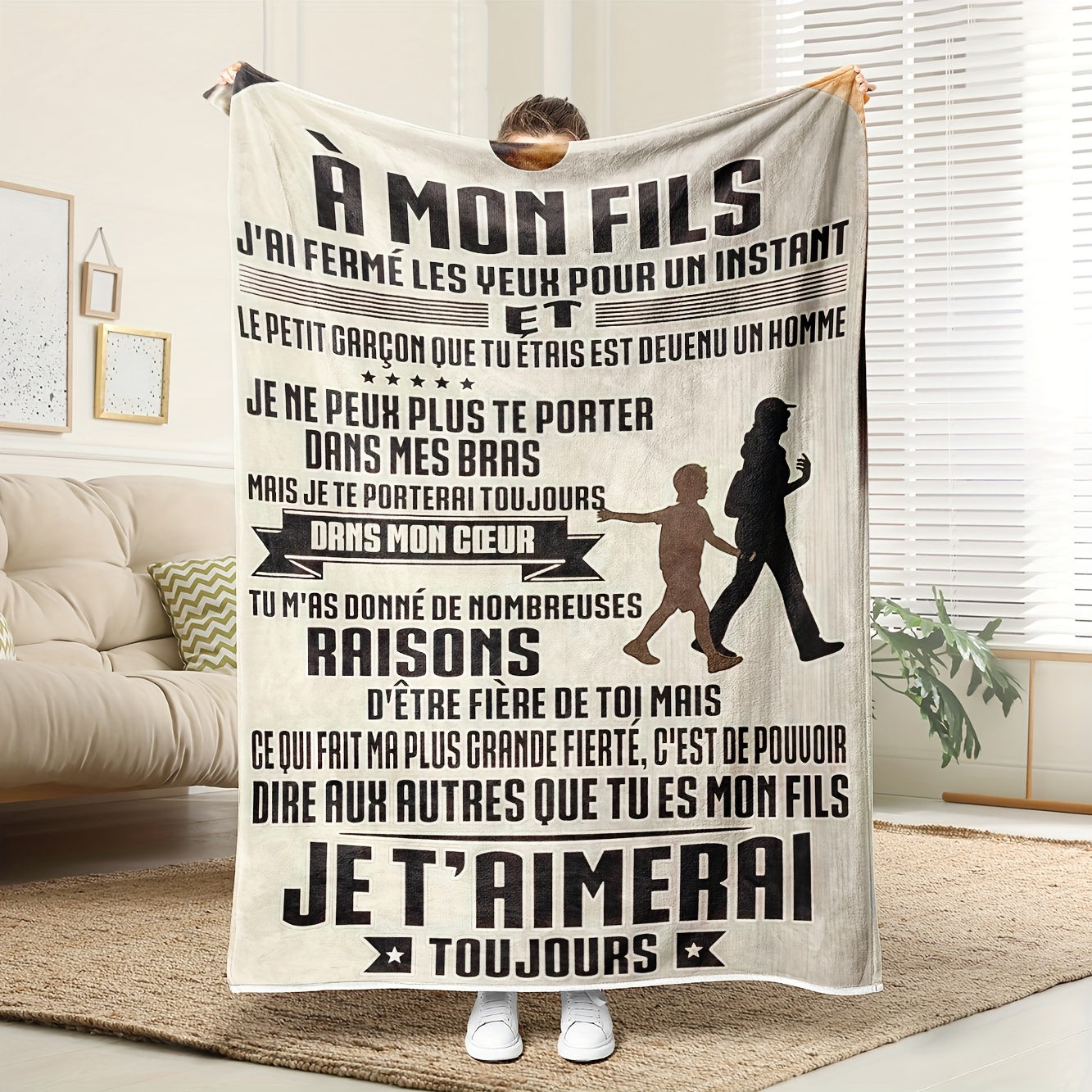 TEMU 1 Couverture Père-Fils Française - Doux en Flanelle avec "A " () & "Je T'Aime" (Je T'aime) - Couvre-lit Confortable Toutes Saisons pour Papa &