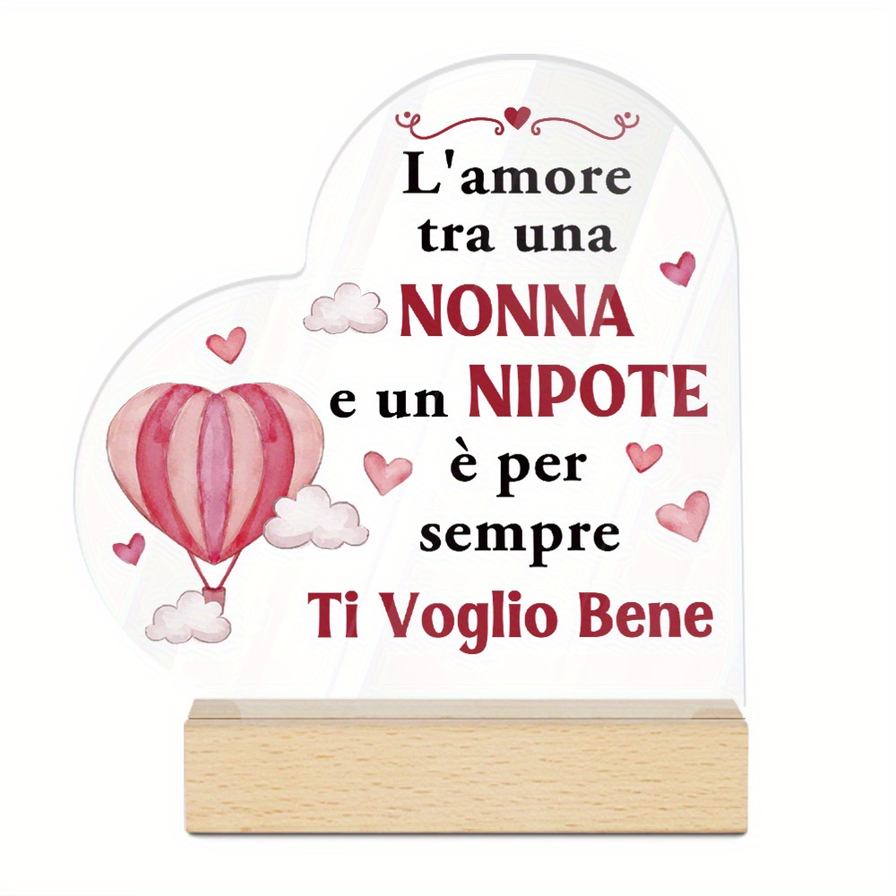 TEMU Putuo Decoration 1pz Decorazione Italiana a Forma di Cuore in Acrilico con Base in Legno, Decorazione da Tavolo, Amore Tra Nonna e Figlio,