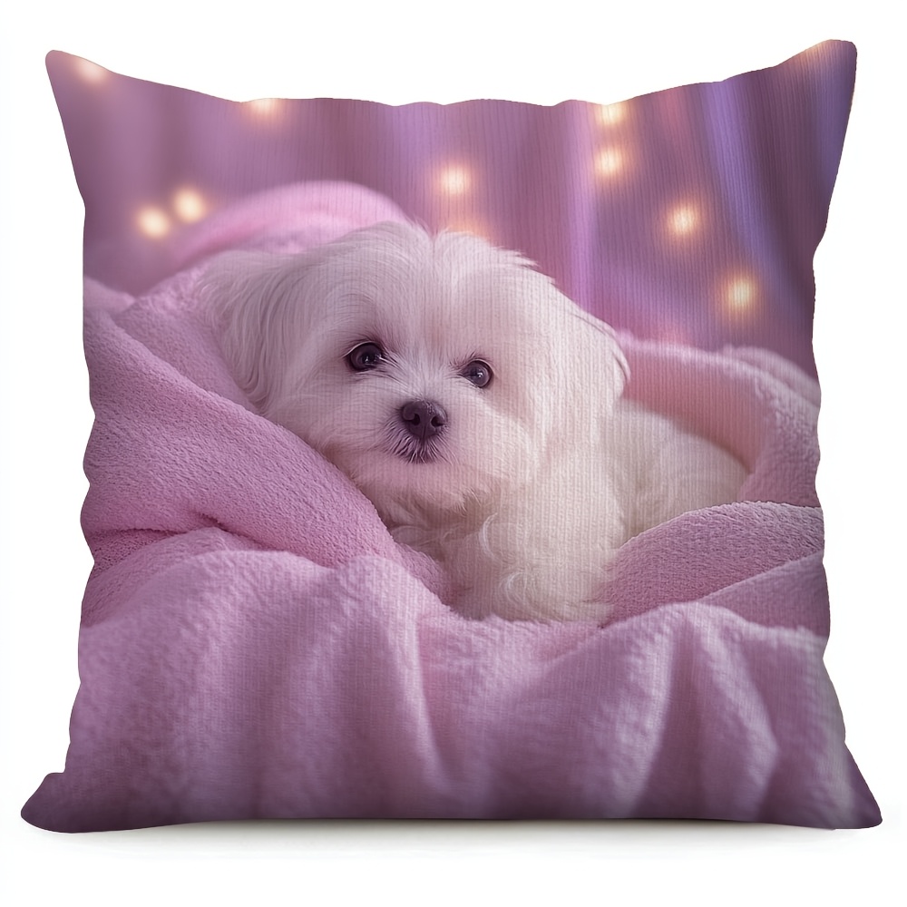 TEMU 1pc Pillowcase, Maltese Puppy Pillowcase, Warm Lighting And Pink Blanket, Machine Washable, 45cm X 45cm, Soft Short Plush Fabric, Single-sided