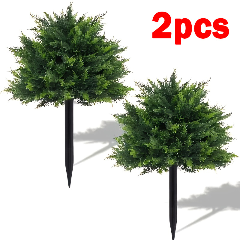 TEMU 2pcs Large Artificial Cedar Trees Shrubs With Ground Spikes- Uv Resistant Faux /pine Shrubs, Suitable For Outdoor And Indoor Porch Garden