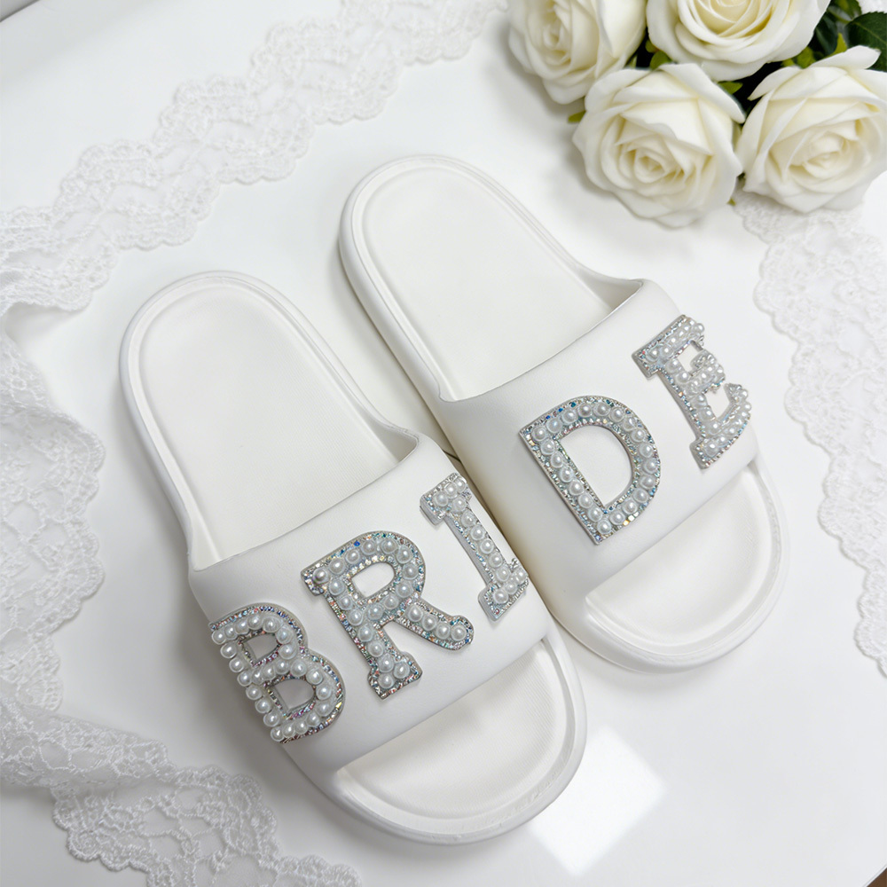 Image of Sparkling Bride Rhinestone Platform Slide Slippers, Thick Sole Non-slip Eva Open Toe Slides, Wedding Bridal Shower Honeymoon Sandals For Brides, Bridesmaids, Comfortable Shoes, Women Shoes