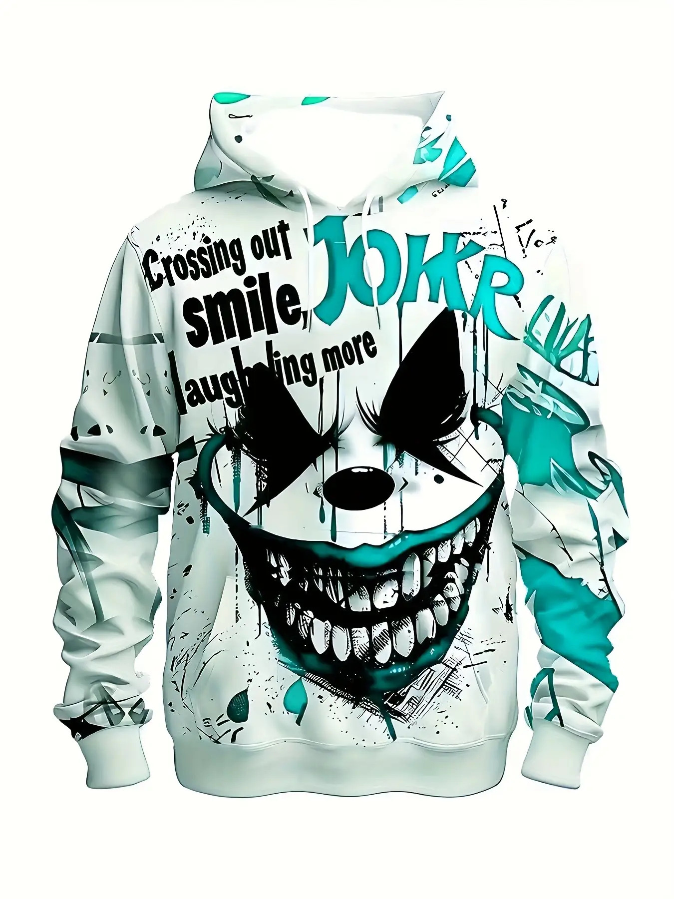Men's 3D Printed Clown Face Hoodie with Red Splatter & "While Teeth Still Smile" Text - Stretch Knit Pullover Sweatshirt, Elastic Drawstring Hood, Plus Size Casual Costume for Parties, Carnivals, Outdoor Wear (Pop Culture Inspired) - Image 2
