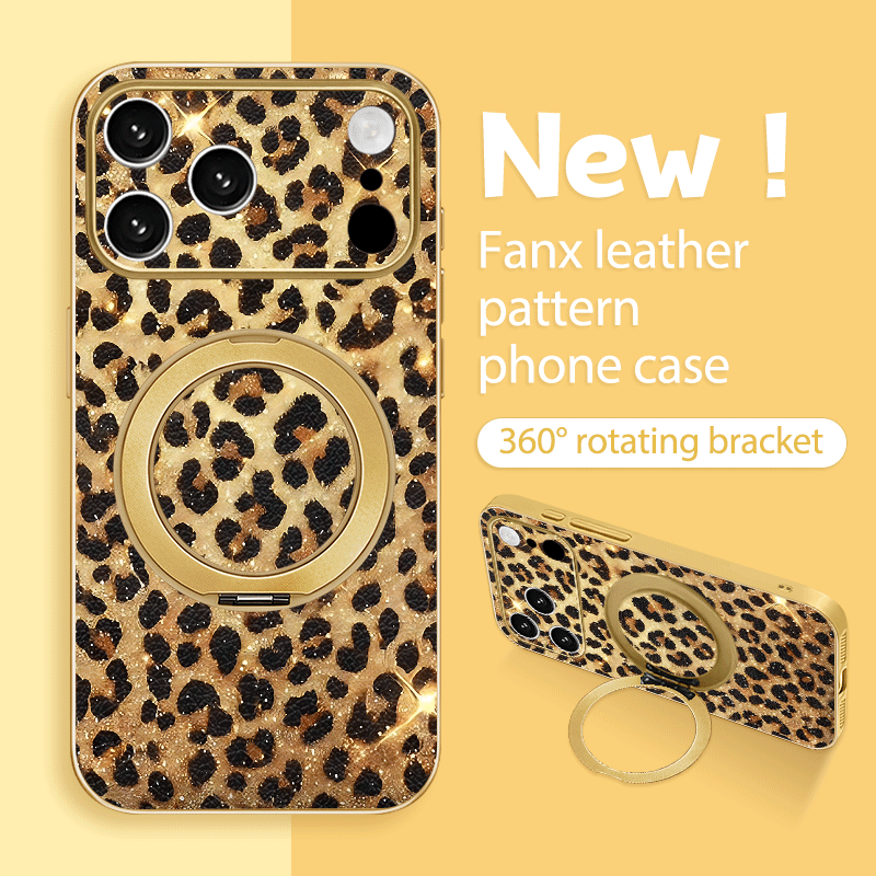 TEMU Phone Case: New Metallic Paint Uv Printed Phone Case With 360Â° Rotating Ring Stand, Golden Glitter Leopard Print Pattern For Iphone