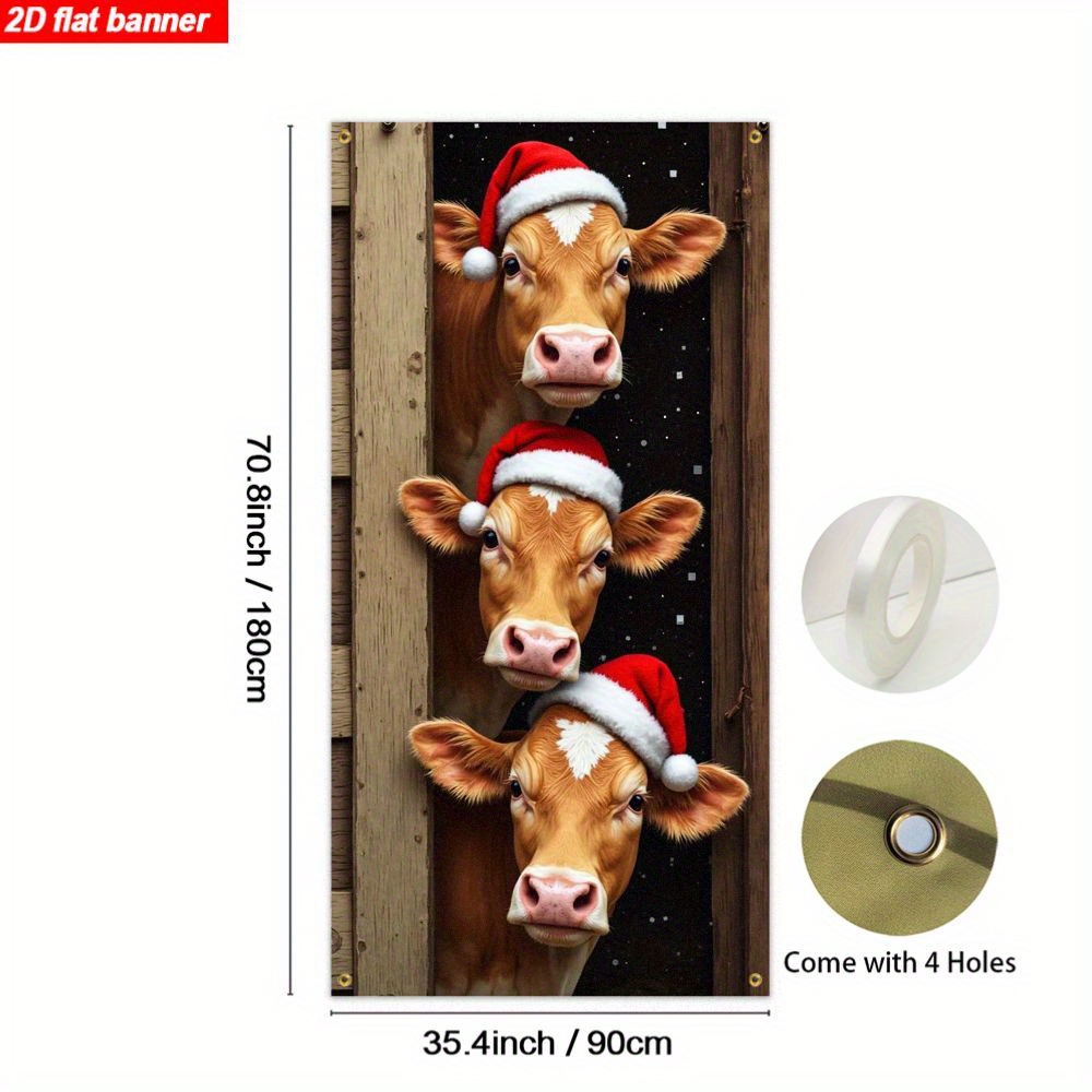 TEMU 2d Flat, 2d Door Banner, 1pc, 2d Flat Banner, Christmas Fun Farm Cow Design, 3 Adorable Calves Wearing Santa Hats, Christmas Family Door Frame